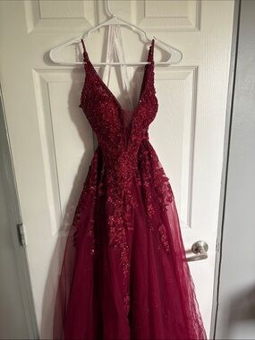 Mon Cheri Deep Burgundy Beaded Evening Dress